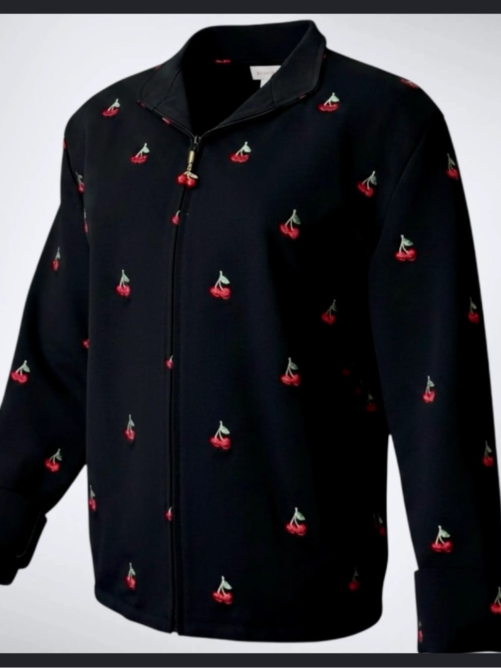 Vintage St. John Sport Marie Gray Embroidered Cherry Zip Jacket So Cherry Black